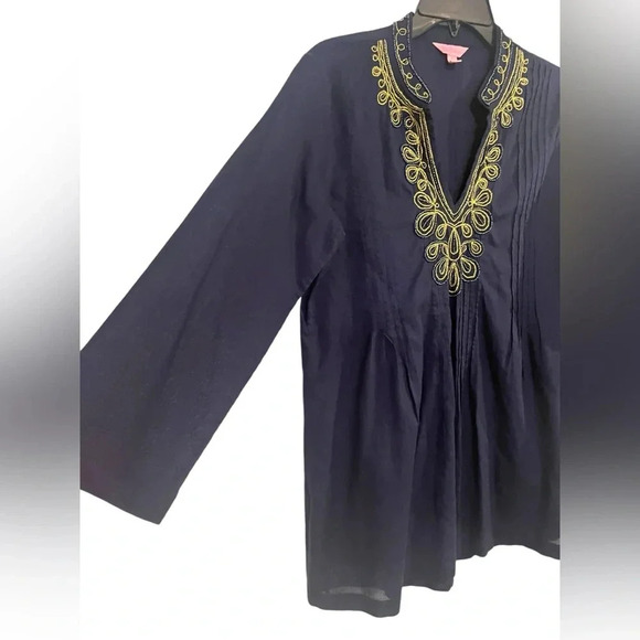 Lilly Pulitzer Sarasota Tunic True Navy Gold BEADED Top Small S - Picture 3 of 9